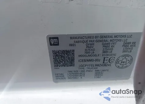 2021 Chevrolet Silverado 1500 4Wd Short Bed Lt Trail Boss/4Wd Standard Bed Lt Trail Boss z USA, uszkodzony, nr VIN 1GCPYFEL9MZ438241